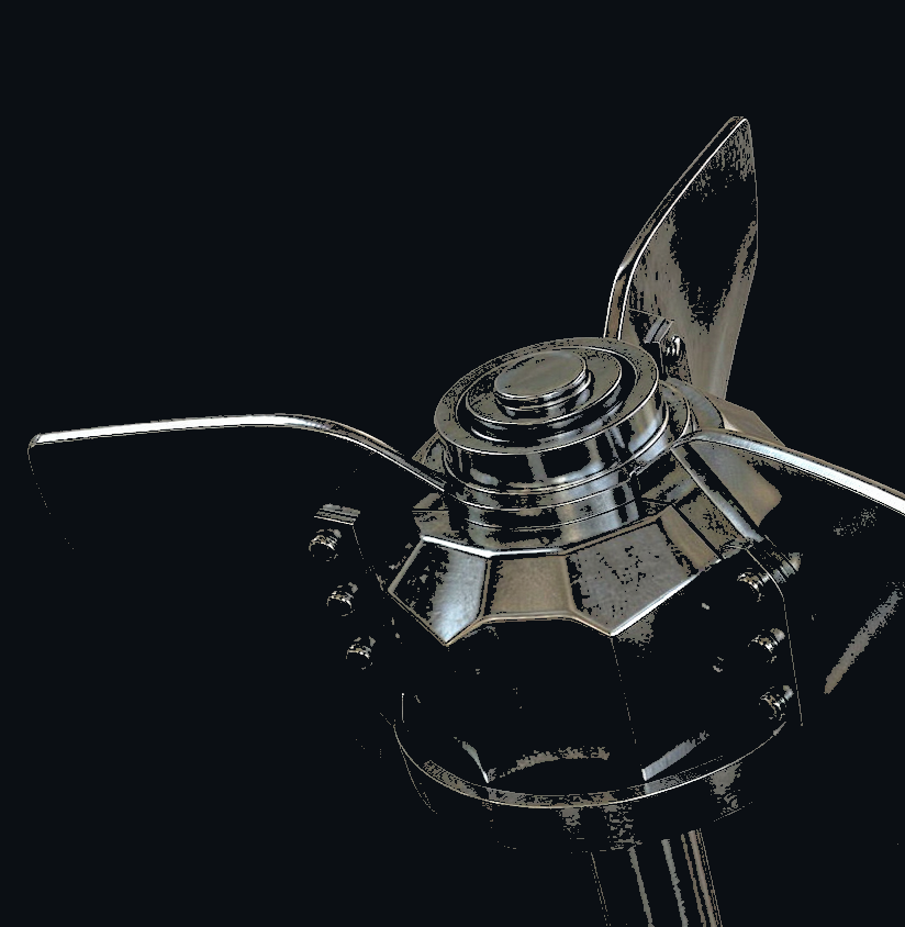 Three-blade hydrofoil axial impeller with swept curved blades, designed for gentle top-to-bottom pumping