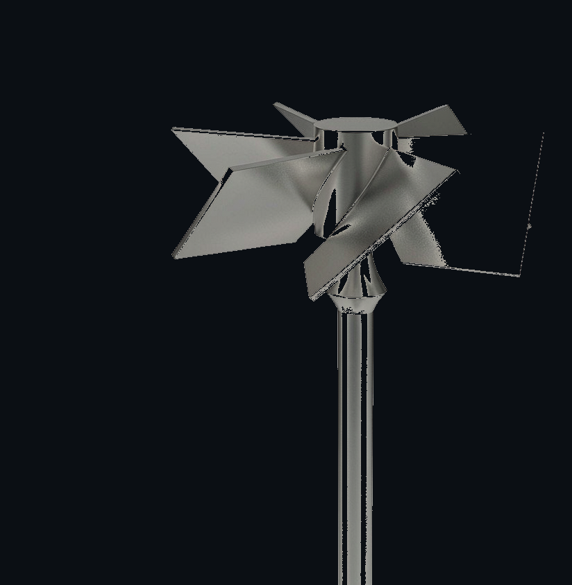 Pitched blade turbine with six flat blades tilted at 45 degrees on a central hub, a typical mixed-flow impeller