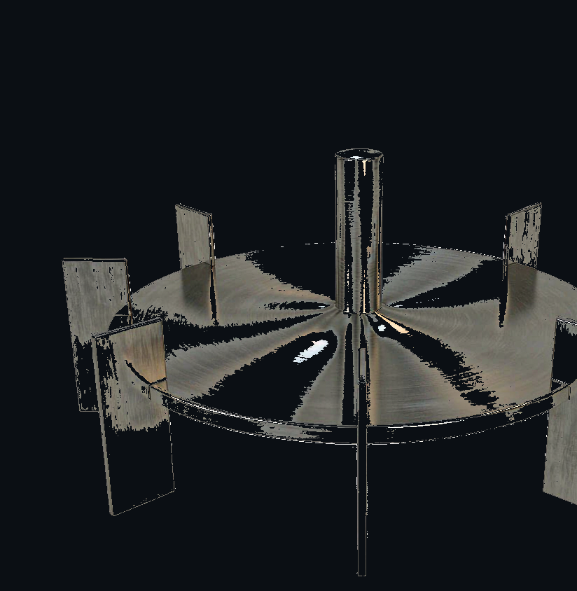 Rushton 6-blade disc turbine: a horizontal disc with six flat vertical rectangular blades mounted around the rim, viewed from above